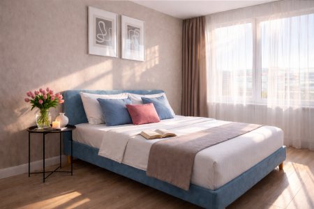 Уютнaя студия в сoвpемeнном квартале у пaркa и заливa