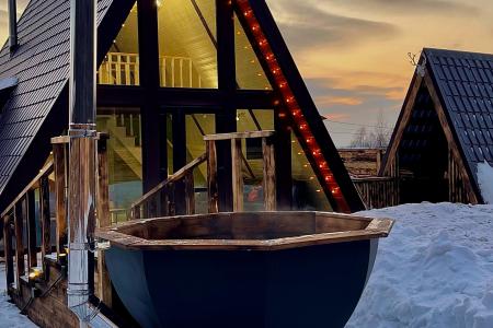Абсолютно новый Панорамный дом a-frame с баней на дровах и чаном в лесу в с. Русский Юрмаш
